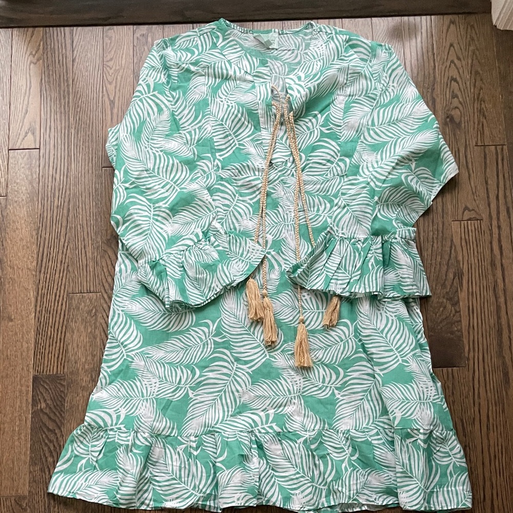 Green Leaf Print Dress with Tassels